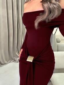 Jemour Đầm Maxi Tay Dài Hở Vai Kỳ Nghỉ Hè Xuân Lãng Mạn Cho Khách Dự Tiệc Cưới Bãi Biển Ibiza Thu Đêm Đi Chơi, Nhà Thờ, Đêm Hẹn Hò - Màu Đỏ Sâu - Xem 3