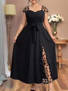 Auvina Vestido ajustado con decoración de malla jacquard de talla grande, ideal para fiesta veraniega o de vacaciones