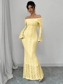 Rafferiza White Lace Off-Shoulder Form-Fitting Slim Midi Bodycon Dress Maxi Women Outfit - Yellow - View 3