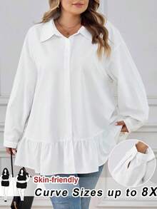 SHEIN CURVE+ 大码女式荷叶边下摆长袖纽扣衬衫，夏季宽松中长款衬衫上衣，秋季女式长袖紧身外套，冬季，CURVE PLUS/秋冬 - 白色 - 查看 9