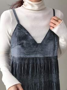 FRIFUL Vestido de mujer de color azul marino sólido de tela de terciopelo con tirantes, vestido de otoño, vestido para exteriores, ropa de mujer de otoño, vestidos de mujer de verano - Gris - Ver 6