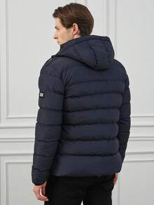 RueChic Men Zip Up Drawstring Hooded Puffer Coat - Navy Blue - View 2
