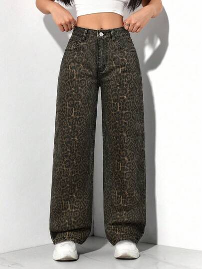 SHEIN PETITE Damjeans med vida ben och leopardmönster, casual och stil för gatan