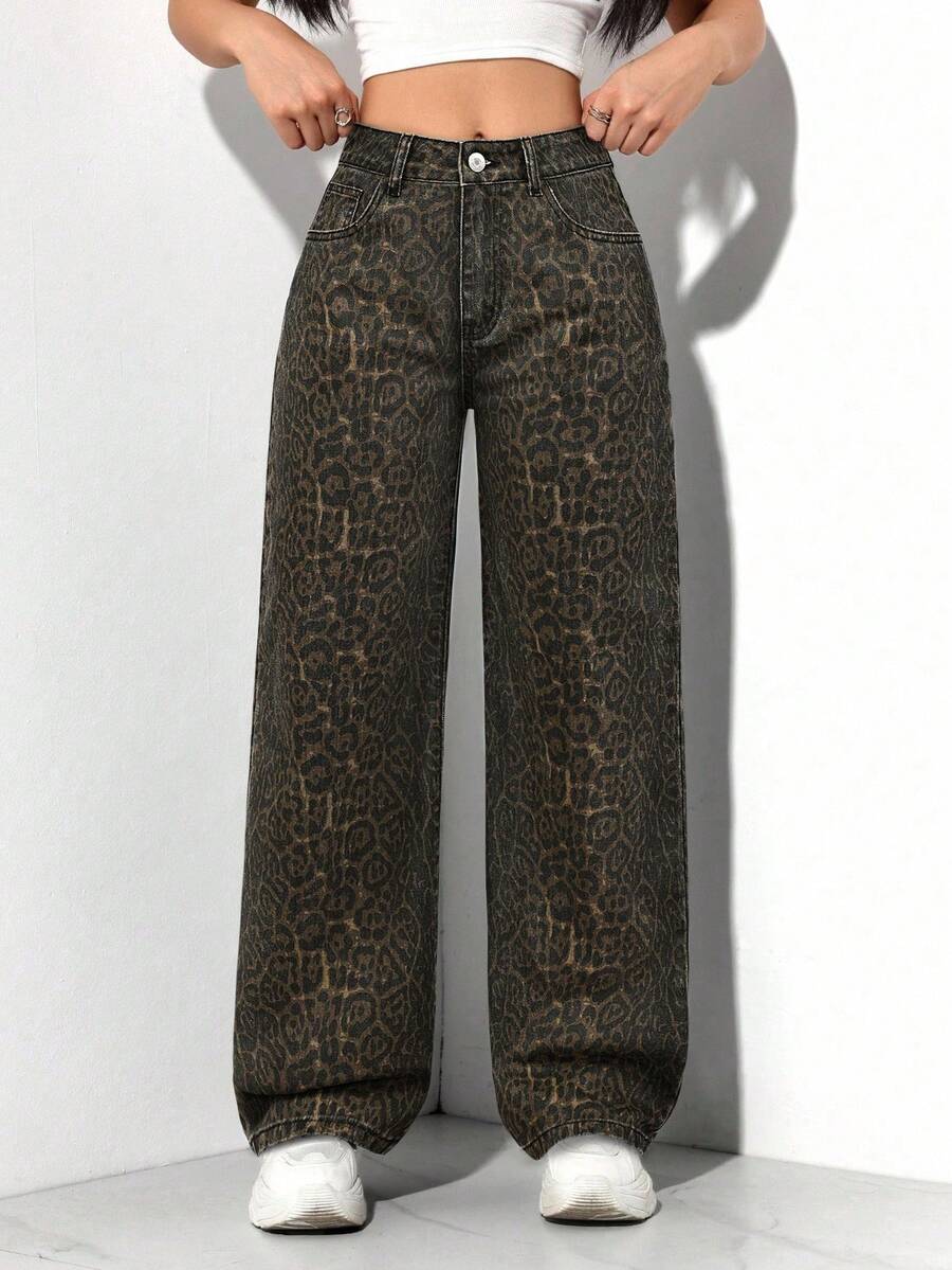 SHEIN PETITE Women's Casual Fashion Street Leopard Print Loose Wide-Leg Jeans - Multicolor - View 1