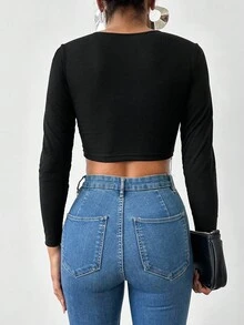 EURMUSE Fringe Hem Crop Tee - Black - View 2