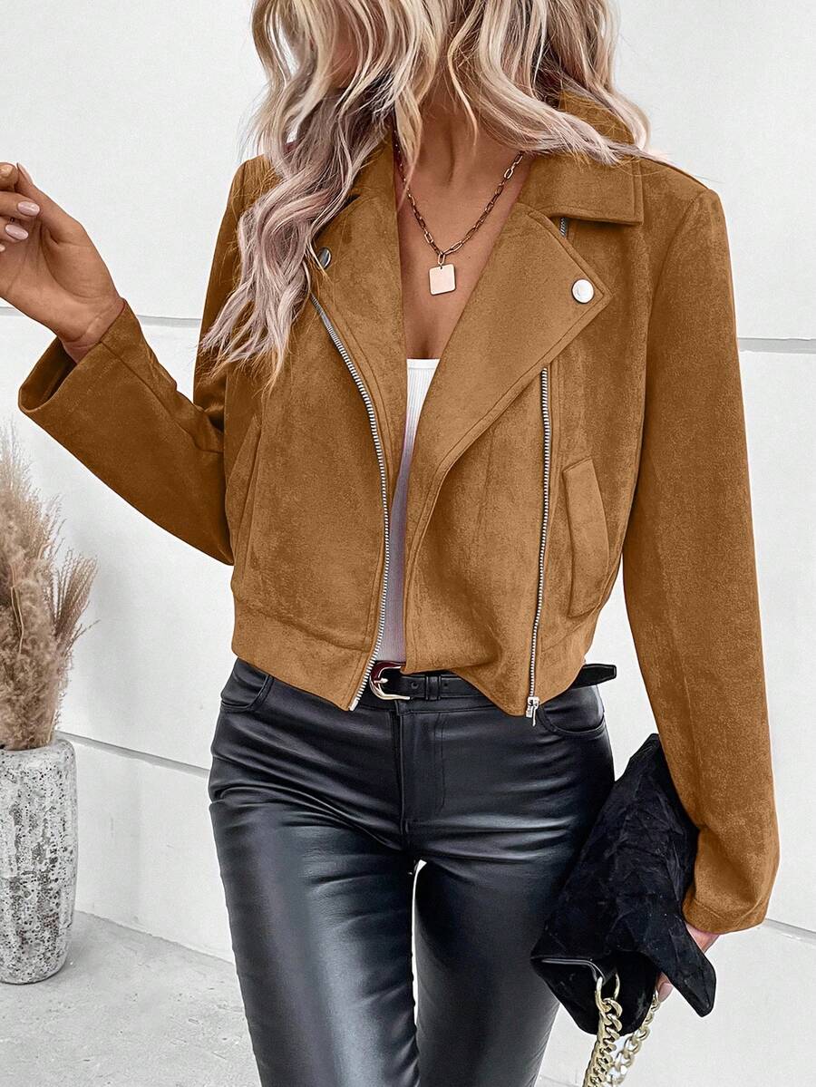 EMERY ROSE Women's Faux Suede Motorcycle Jacket - Khaki - View 1