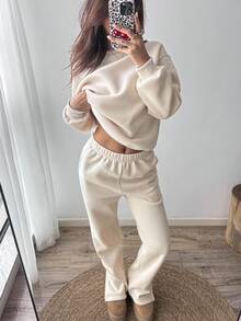 Sunnyshic 女士纯色圆领宽松落肩休闲百搭运动衫套装 - 杏色 - 查看 8