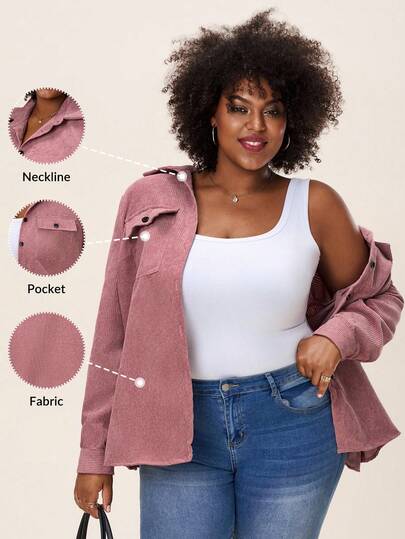 Comfylo Chaqueta casual de manga larga de unicolor con bolsillo volteado para mujer talla grande, para primavera/otoño