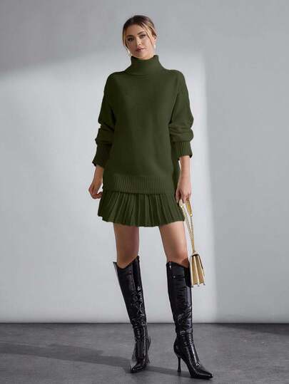 EURMUSE 2pcs Set Women Solid Color Long Sleeve Turtleneck Sweater & Skirt Suit,Petite,Winter Clothes