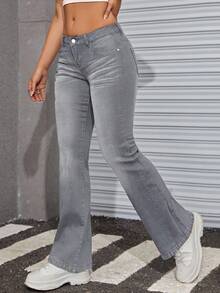 EURMUSE Damskie szare, swobodne, rozszerzane jeansy z niskim stanem - Szary - Zobacz 6