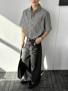 ESTAVOR Quần jean denim ống rộng dáng dài, dáng rộng, có túi thêu hình động vật dành cho nam - Màu xám đen - Xem 5