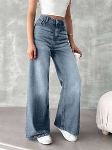 EURMUSE Jeans de cintura alta y pierna ancha para mujer 100% algodón con bolsillos en diagonal - Celeste - Ver 4