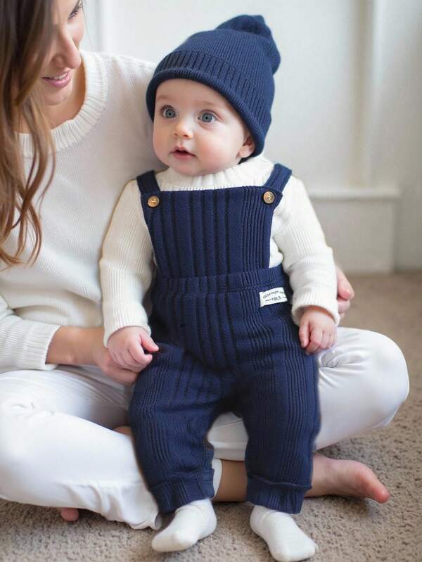 SHEIN 2 pezzi Set di top a maniche lunghe con colletto alto e pantaloni bavaglino in pile goffrato per bambino