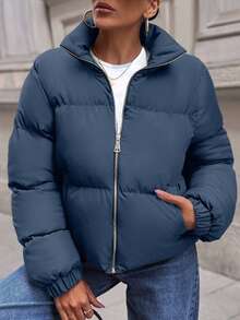 EURMUSE Short Padded Jacket In A Plain Design, Contrast Metal Colour Zipper - Dusty Blue - View 9