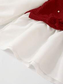 Elladie kids Girls' Casual Shirt Set, Khaki Bow Design, Beaded Knit Ribbed Fabric, White Long Sleeve Collared Ruffle Hem Blouse Top Paired With Khaki Pearl Flared Pants, 2pcs Set, Suitable For Back To School, Casual, Fashion, Sweet, Comfortable Outdoor Travel Outfit Fall Winter