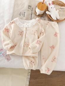 少女蝴蝶结和兔子印花长袖长裤蓬松开衫睡衣套装 - 彩色 - 查看 4