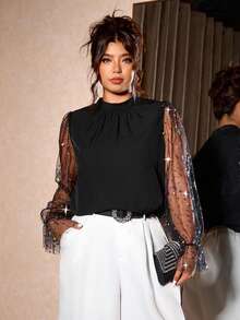 Cravure Plus Size Women Fashionable Elegant Luxury Casual Commuter Sequin & Mesh Splice Design Collar Blouse Fall Cloth For Women - Black - View 1