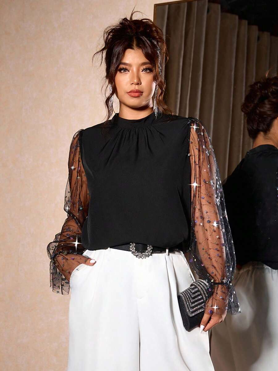 Cravure Plus Size Women Fashionable Elegant Luxury Casual Commuter Sequin & Mesh Splice Design Collar Blouse Fall Cloth For Women - Black - View 1