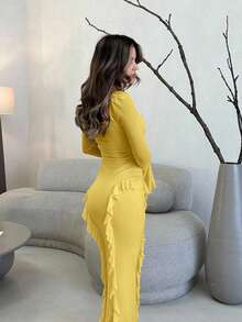 Jemour 优雅女士外出装，秋季上衣长袖女士修身衬衫长袖短款，荷叶边甜美粉色连衣裙，带有 3D 花卉装饰 - 黃色 - 查看 4