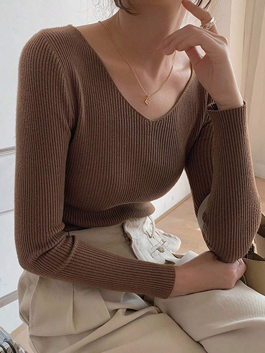 DAZY Women V-Neck Slim Fit Thin Long Sleeve Knit Sweater Fall/Winter