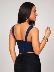 Silquee 女士百搭紧身拼接蕾丝文胸华丽上衣，弧形下摆花卉蕾丝紧身胸衣上衣，适合春假、海滩度假、夜间外出、聚会、海滩派对、泳池派对、假日、休闲派对、小屋度假、日常穿着 - 藏蓝色 - 查看 2