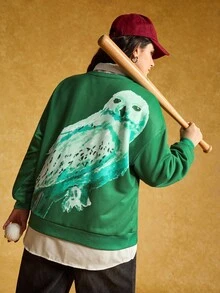 HARRY POTTER X SHEIN Áo nỉ chui đầu cổ tròn tay dài họa tiết cú cỡ lớn màu xanh lá cây - màu xanh lá - Xem 6