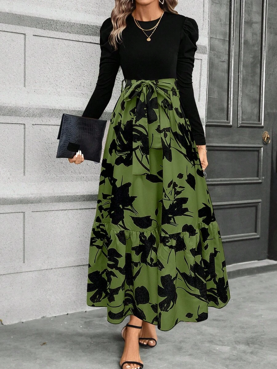 EMERY ROSE Floral Print Puff Sleeve Belted Dress Maxi Women Outfit - Army Green - View 1