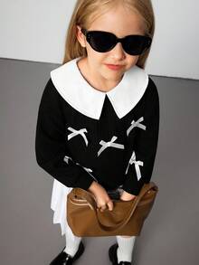 Young Girl Casual Cute School Style Contrast Color Peter Pan Collar Bow Decor Drop Shoulder Loose Sweatshirt, Autumn/Spring Black And White Long Sleeve Sweatshirt With Bows - Black - View 6