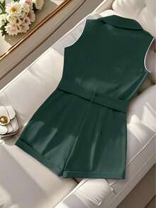 SHEIN PETITE 高腰阔腿连体短裤 - 墨綠色 - 查看 2