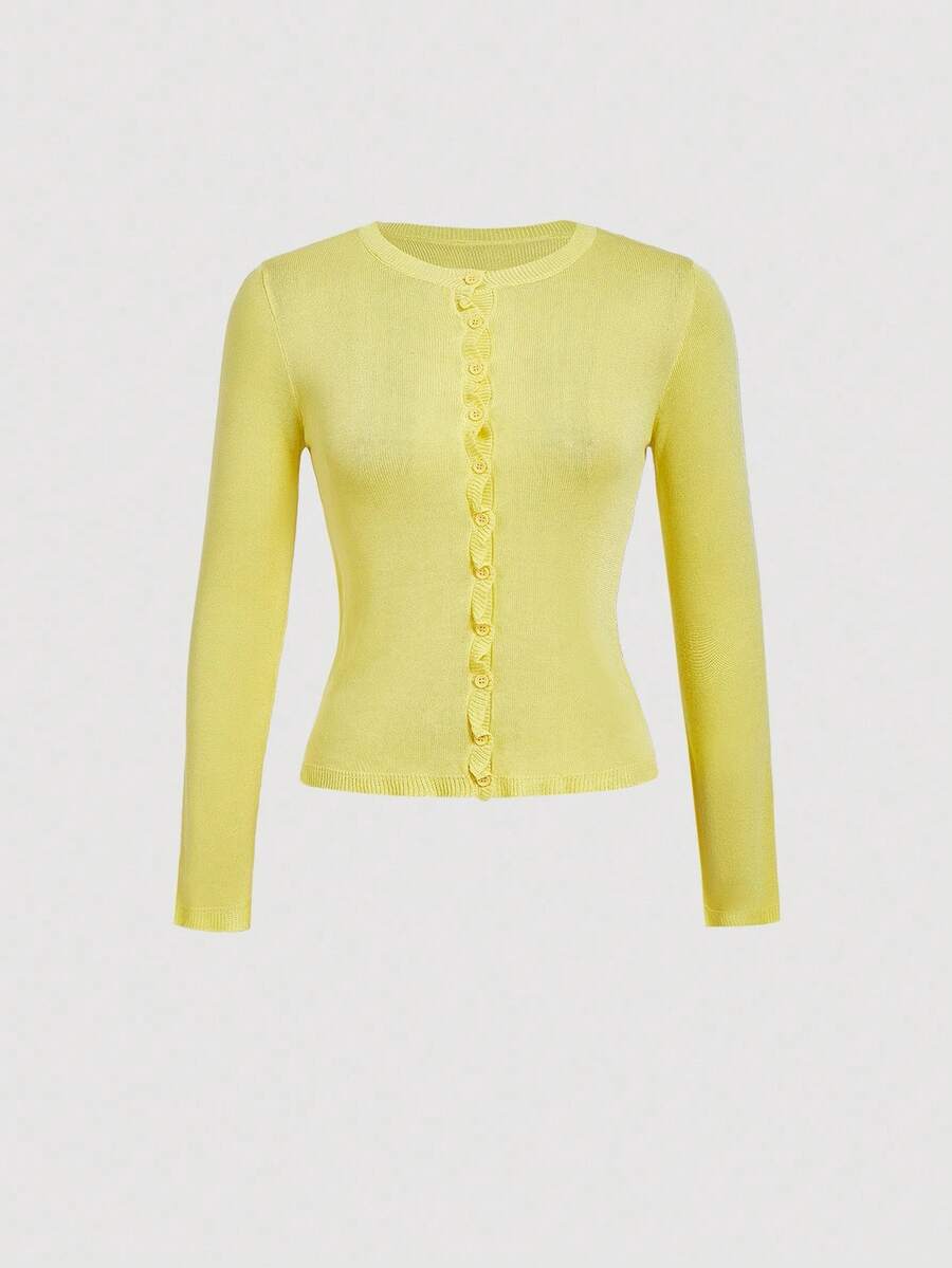 SHEIN MOD Women's Lemon Yellow Round Neck Cable Knitted Top,Chic Autumn Preppy School Cardigan,90s Fashion Office Wear,Fall/Winter Sweater,Halloween - Yellow - View 1