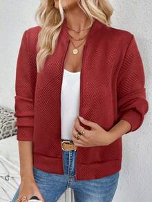 SHEIN LUNE 时尚休闲卡其色针织提花夹克，适合通勤休闲夹克女红色拉链夹克红色夹克女纹理夹克女飞行员夹克秋冬 - 酒紅色 - 查看 6