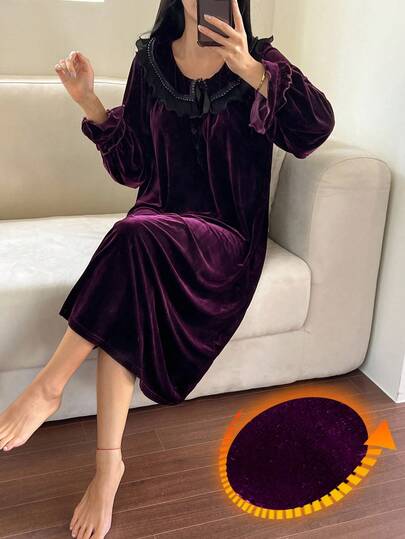 DAZY 复古天鹅绒撞色荷叶边长款女式睡袍，秋季睡衣