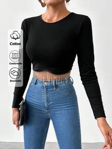 EURMUSE Fringe Hem Crop Tee - Black - View 1