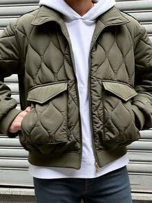SHEIN Teen Boys' Basic Puffer Padded  Bomber Jacket Casual Comfortable Versatile Diamond Plaid Thick Winter Coat Fall Autumn And Winter Casual College Style, Comfortable & Fashionable, Versatile For Daily Wear, Back To School, Outings, Outdoor Activities Wear - Green - View 1