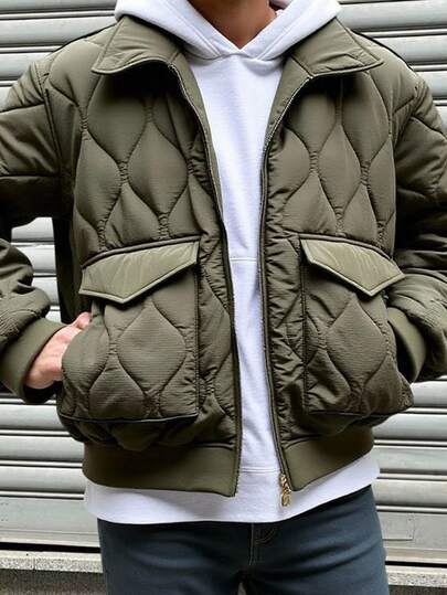 SHEIN Teen Boys' Basic Puffer Padded  Bomber Jacket Casual Comfortable Versatile Diamond Plaid Thick Winter Coat Fall Autumn And Winter Casual College Style, Comfortable & Fashionable, Versatile For Daily Wear, Back To School, Outings, Outdoor Activities Wear