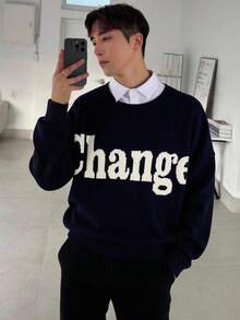 SHEIN Suéter de manga comprida com estampa de letras em cores contrastantes para adolescentes (meninos) - Azul - Ver 3