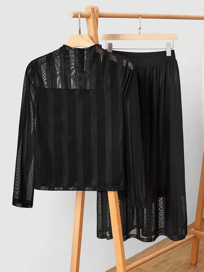  Halloween Uhlyne New Autumn Black Knit Striped Women's Skirt Set, Includes Fitted High Neck Long Sleeve Top And Elastic Waist Skirt, Elegant For Party And Casual Wear,Autumn,Minimalist,Work Wear,Teacher Outfits,Back To School,Fall ,Neutral Clothes,Business Casual,Old Money Style Black Sheer Dress