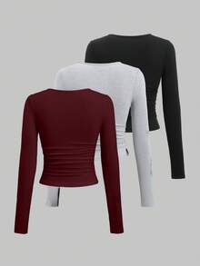 SHEIN Unity Women's Casual Solid Color Long Sleeve T-Shirt, Versatile For Autumn - Burgundy - View 2