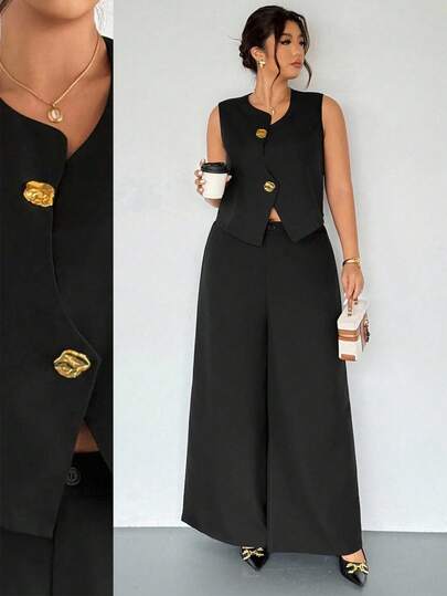 Firerie Plus Size Women's Asymmetrical Metal Buckle Linen Vest And High Waist Slimming Wide Leg Pants Set, Elegant Commute, Concert, Suit-Style 2 Pieces Outfit For Valentine's Day, Performance, Date, Formal Occasion, Sexy, Graceful, Commute, Back To School, Beach, Romantic, Office Lady, Mermaid Style, Birthday Party Pantsuit For Women