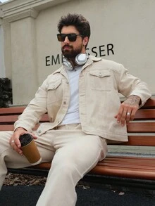 DAZY Solid Color Washed Casual Street Style Men's Denim Suit, Autumn - Khaki - View 5