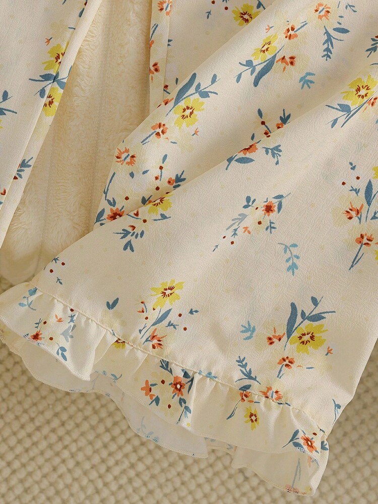 少女雏菊印花雪纺长袖上衣和裤子两件套睡衣套装，带荷叶边袖口 - 黃色 - 查看 3