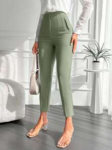 Pantaloni eleganti a vita alta, a forma conica, in tessuto elasticizzato, crop, di colore unito, adatti per l'uso quotidiano