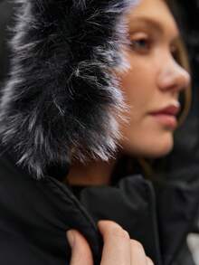 EURMUSE Zip Up Slant Pocket Padded Coat With Fuzzy Trim Fur Hood - Black - View 7