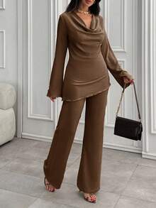 EURMUSE 2 Pieces Outfits For Women 90s Casual Boho Muse Blouse Flare Leg Pants Solid Daily Pleated Suit - Brown - View 3