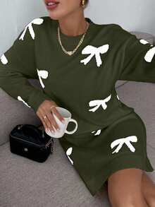 EURMUSE Váy len trễ vai họa tiết nơ thanh lịch dành cho nữ, Thu/Đông - xanh quân đội - Xem 5