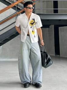 SWAVVY Men's Casual Loose Cargo Pocket Denim Striped Cargo Pants - Light Wash - View 1