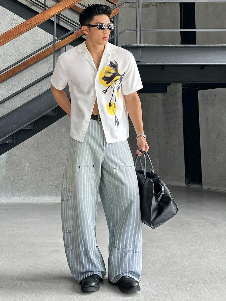 SWAVVY Men's Casual Loose Cargo Pocket Denim Striped Cargo Pants - Light Wash - View 1