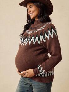Boho Mama Maternity Fall ,Autumn/Winter Pregnant Women's Casual Western Style Jagged Pattern Raglan Sleeve Pullover Sweater, Autumn/Winter Brown Fair Isle Sweater - Brown - View 1