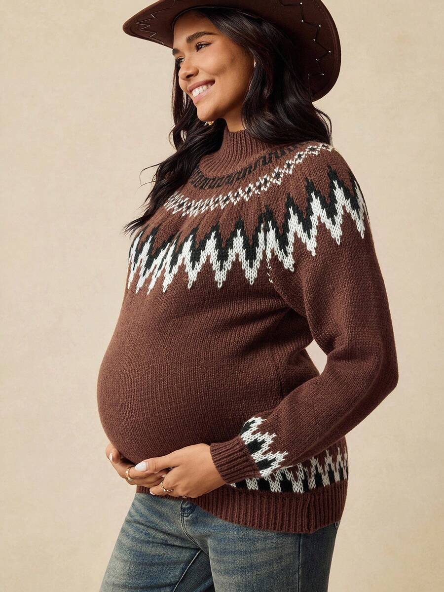 Boho Mama Maternity Fall ,Autumn/Winter Pregnant Women's Casual Western Style Jagged Pattern Raglan Sleeve Pullover Sweater, Autumn/Winter Brown Fair Isle Sweater - Brown - View 1