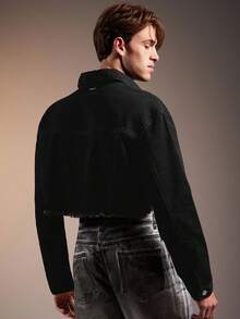 FeverCity 男士黑色长袖夹克，时尚翻领短款外套，秋季款 - 黑色 - 查看 2